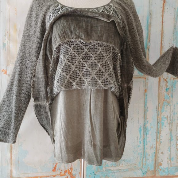 Belle France long sleeve  layered mohair sweater dress/M/light olive green - Picture 3 of 12